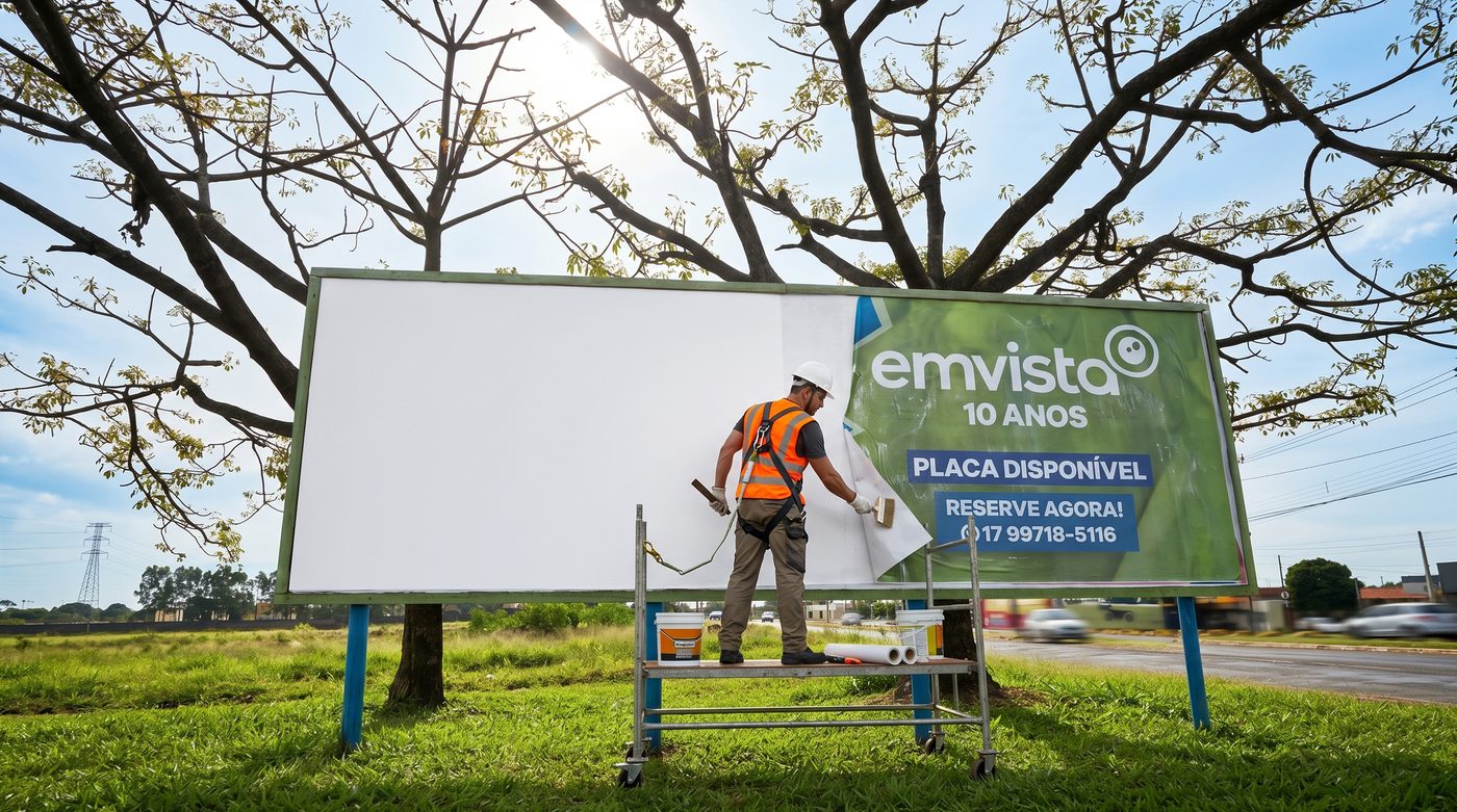 Funcionário colando outdoor da Em Vista